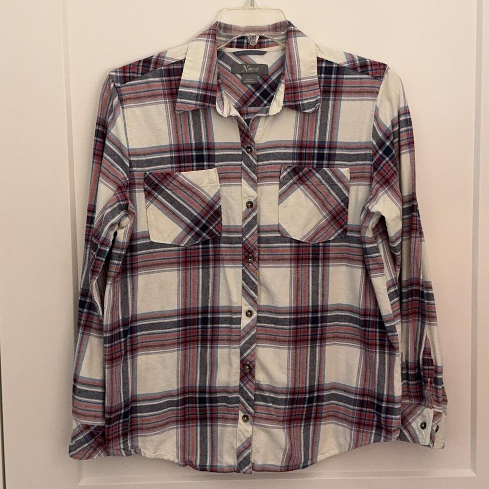 Natural Reflections Shirt Sz L White Red Blue Plaid Flannel Casual Weekend Gorp
